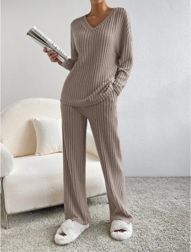Cross-Border Two-Piece Set for Women 2025 Autum New Fashion Casual Straight Pants Elegant Loose V Neck Pit Strip Knitted Set — feature 14