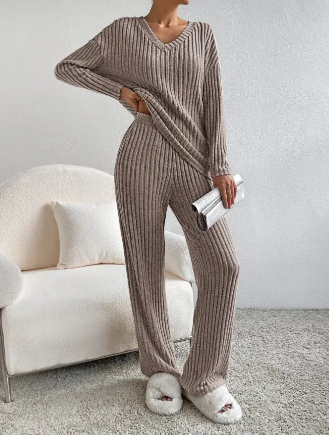 Cross-Border Two-Piece Set for Women 2025 Autum New Fashion Casual Straight Pants Elegant Loose V Neck Pit Strip Knitted Set — feature 15