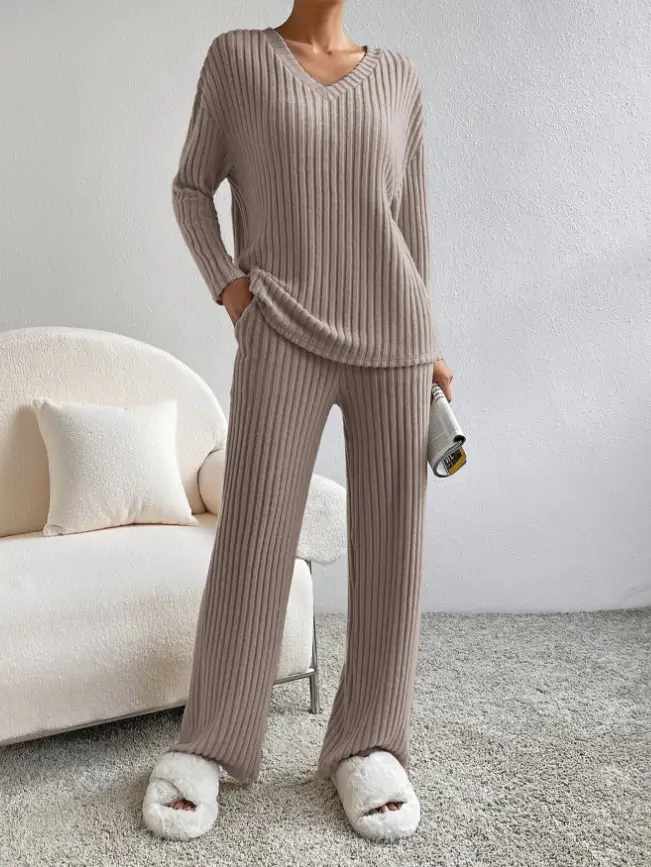 Cross-Border Two-Piece Set for Women 2025 Autum New Fashion Casual Straight Pants Elegant Loose V Neck Pit Strip Knitted Set — feature 16