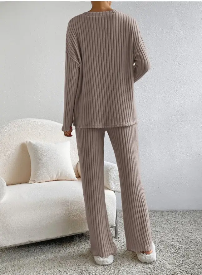 Cross-Border Two-Piece Set for Women 2025 Autum New Fashion Casual Straight Pants Elegant Loose V Neck Pit Strip Knitted Set — feature 17
