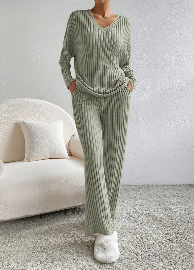 Cross-Border Two-Piece Set for Women 2025 Autum New Fashion Casual Straight Pants Elegant Loose V Neck Pit Strip Knitted Set — feature 19