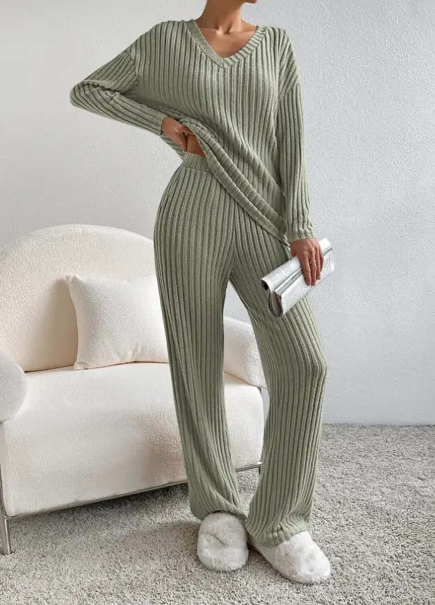 Cross-Border Two-Piece Set for Women 2025 Autum New Fashion Casual Straight Pants Elegant Loose V Neck Pit Strip Knitted Set — feature 20