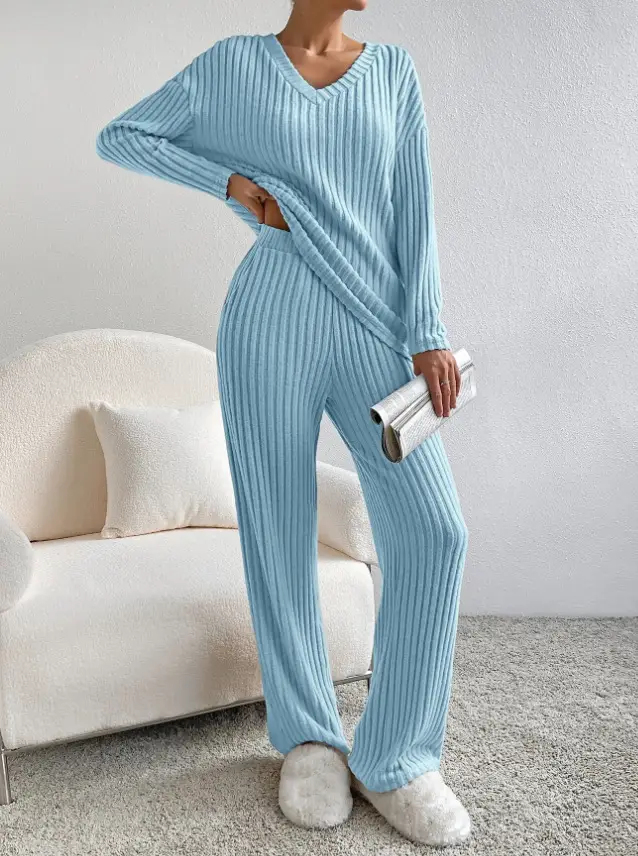 Cross-Border Two-Piece Set for Women 2025 Autum New Fashion Casual Straight Pants Elegant Loose V Neck Pit Strip Knitted Set — feature 21