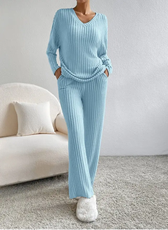 Cross-Border Two-Piece Set for Women 2025 Autum New Fashion Casual Straight Pants Elegant Loose V Neck Pit Strip Knitted Set — feature 22