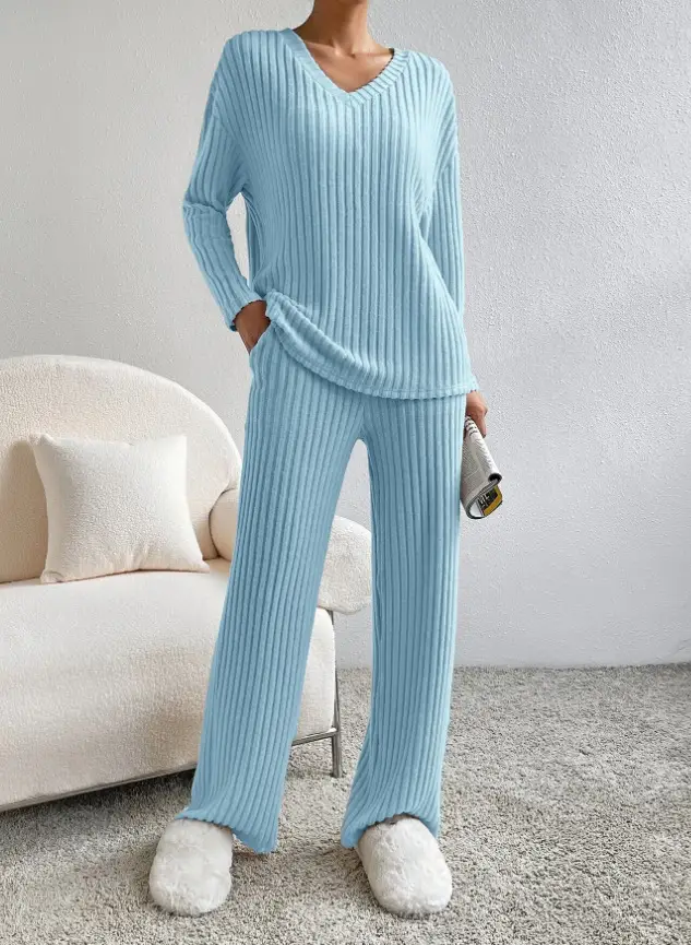 Cross-Border Two-Piece Set for Women 2025 Autum New Fashion Casual Straight Pants Elegant Loose V Neck Pit Strip Knitted Set — feature 23