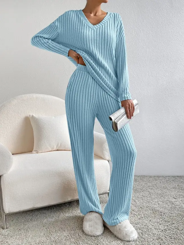 Cross-Border Two-Piece Set for Women 2025 Autum New Fashion Casual Straight Pants Elegant Loose V Neck Pit Strip Knitted Set — feature 24