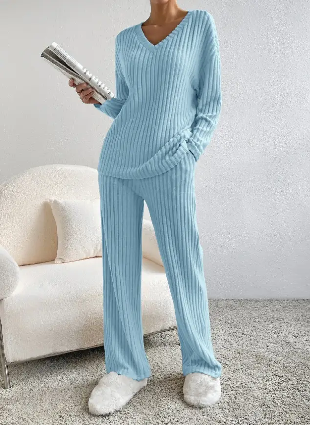 Cross-Border Two-Piece Set for Women 2025 Autum New Fashion Casual Straight Pants Elegant Loose V Neck Pit Strip Knitted Set — feature 25