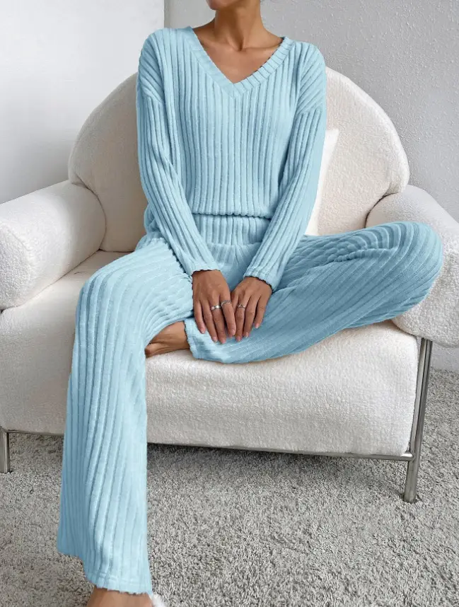 Cross-Border Two-Piece Set for Women 2025 Autum New Fashion Casual Straight Pants Elegant Loose V Neck Pit Strip Knitted Set — feature 26