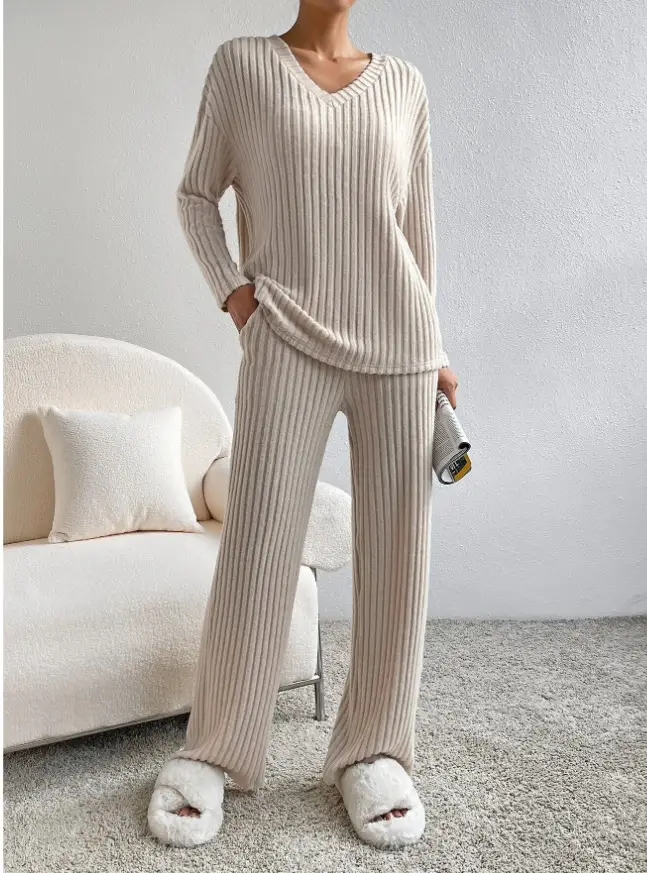 Cross-Border Two-Piece Set for Women 2025 Autum New Fashion Casual Straight Pants Elegant Loose V Neck Pit Strip Knitted Set — feature 3
