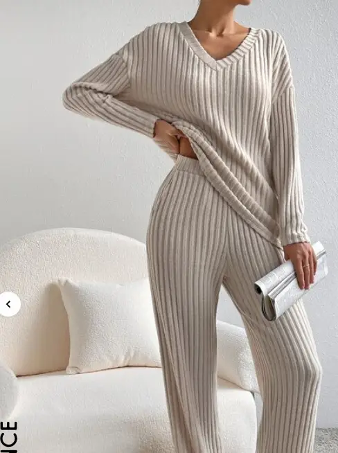 Cross-Border Two-Piece Set for Women 2025 Autum New Fashion Casual Straight Pants Elegant Loose V Neck Pit Strip Knitted Set — feature 4