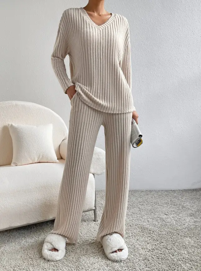 Cross-Border Two-Piece Set for Women 2025 Autum New Fashion Casual Straight Pants Elegant Loose V Neck Pit Strip Knitted Set — feature 5