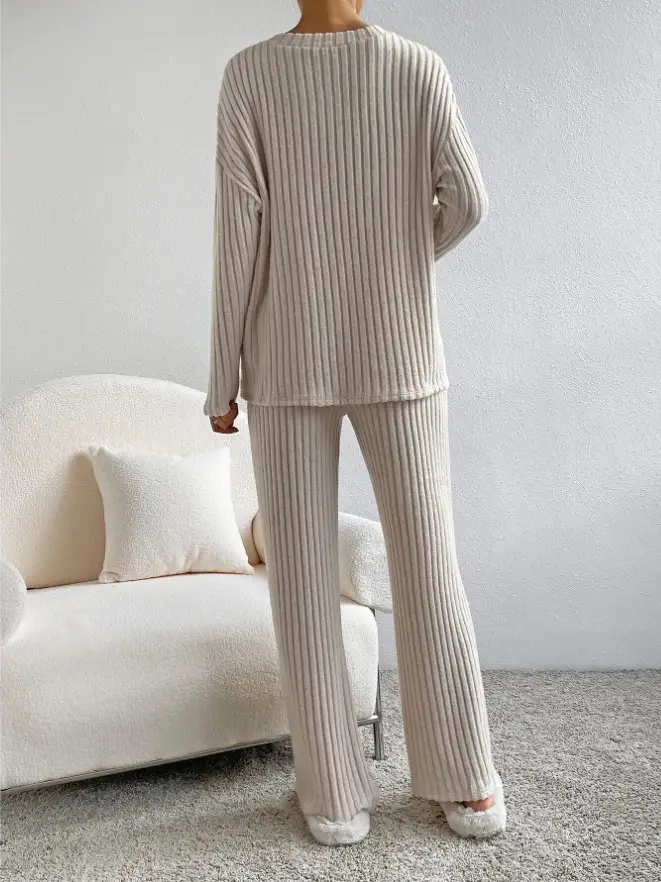 Cross-Border Two-Piece Set for Women 2025 Autum New Fashion Casual Straight Pants Elegant Loose V Neck Pit Strip Knitted Set — feature 6