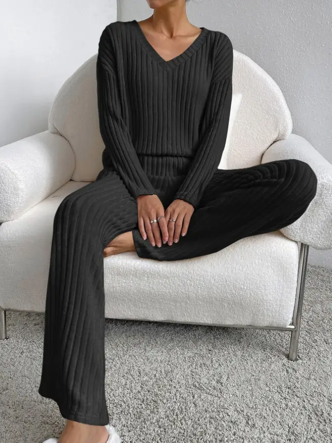 Cross-Border Two-Piece Set for Women 2025 Autum New Fashion Casual Straight Pants Elegant Loose V Neck Pit Strip Knitted Set — feature 7