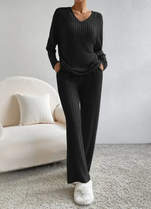 Cross-Border Two-Piece Set for Women 2025 Autum New Fashion Casual Straight Pants Elegant Loose V Neck Pit Strip Knitted Set — feature 9