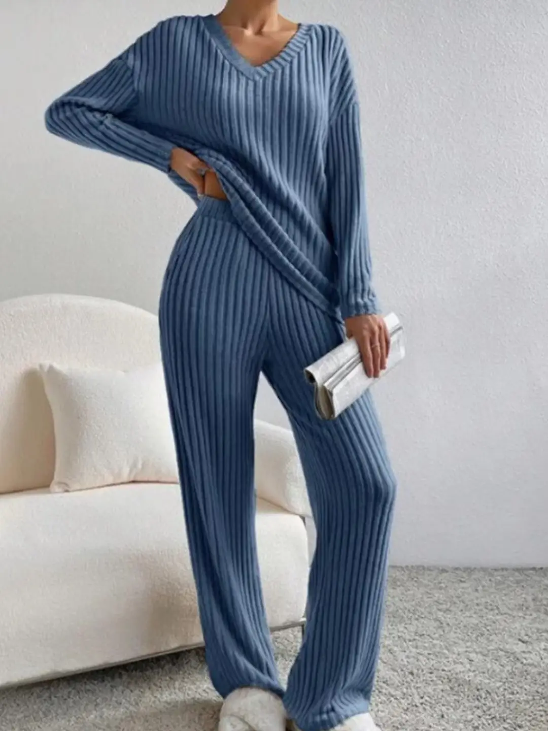 Cross-Border Two-Piece Set for Women 2025 Autum New Fashion Casual Straight Pants Elegant Loose V Neck Pit Strip Knitted Set
