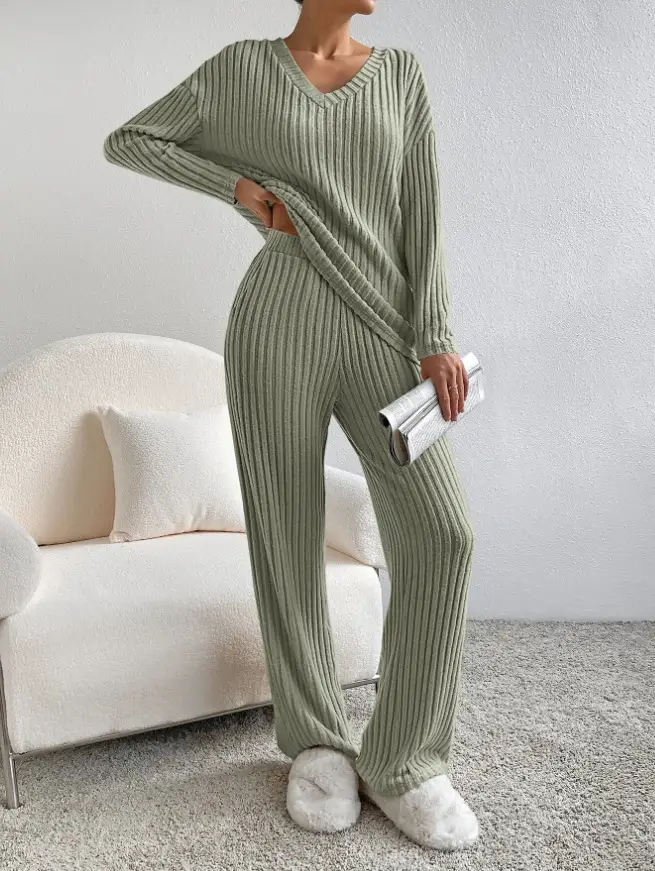 Cross-Border Two-Piece Set for Women 2025 Autum New Fashion Casual Straight Pants Elegant Loose V Neck Pit Strip Knitted Set