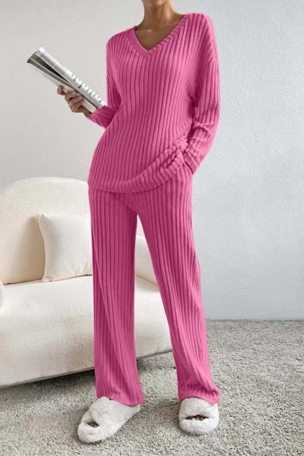 Cross-Border Two-Piece Set for Women 2025 Autum New Fashion Casual Straight Pants Elegant Loose V Neck Pit Strip Knitted Set