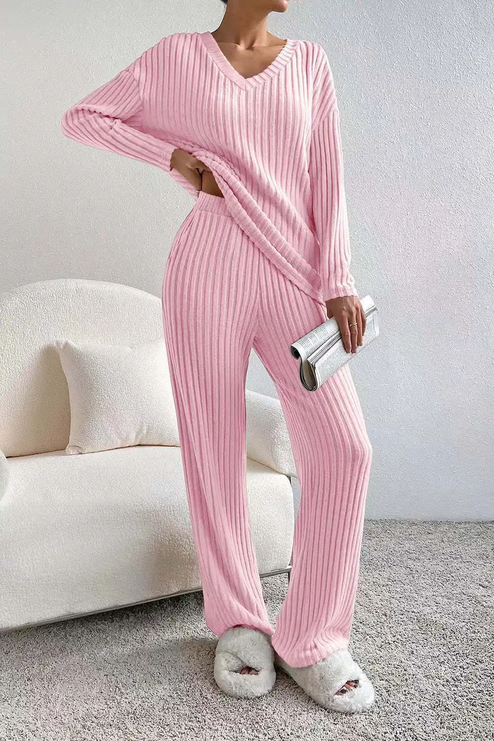 Cross-Border Two-Piece Set for Women 2025 Autum New Fashion Casual Straight Pants Elegant Loose V Neck Pit Strip Knitted Set