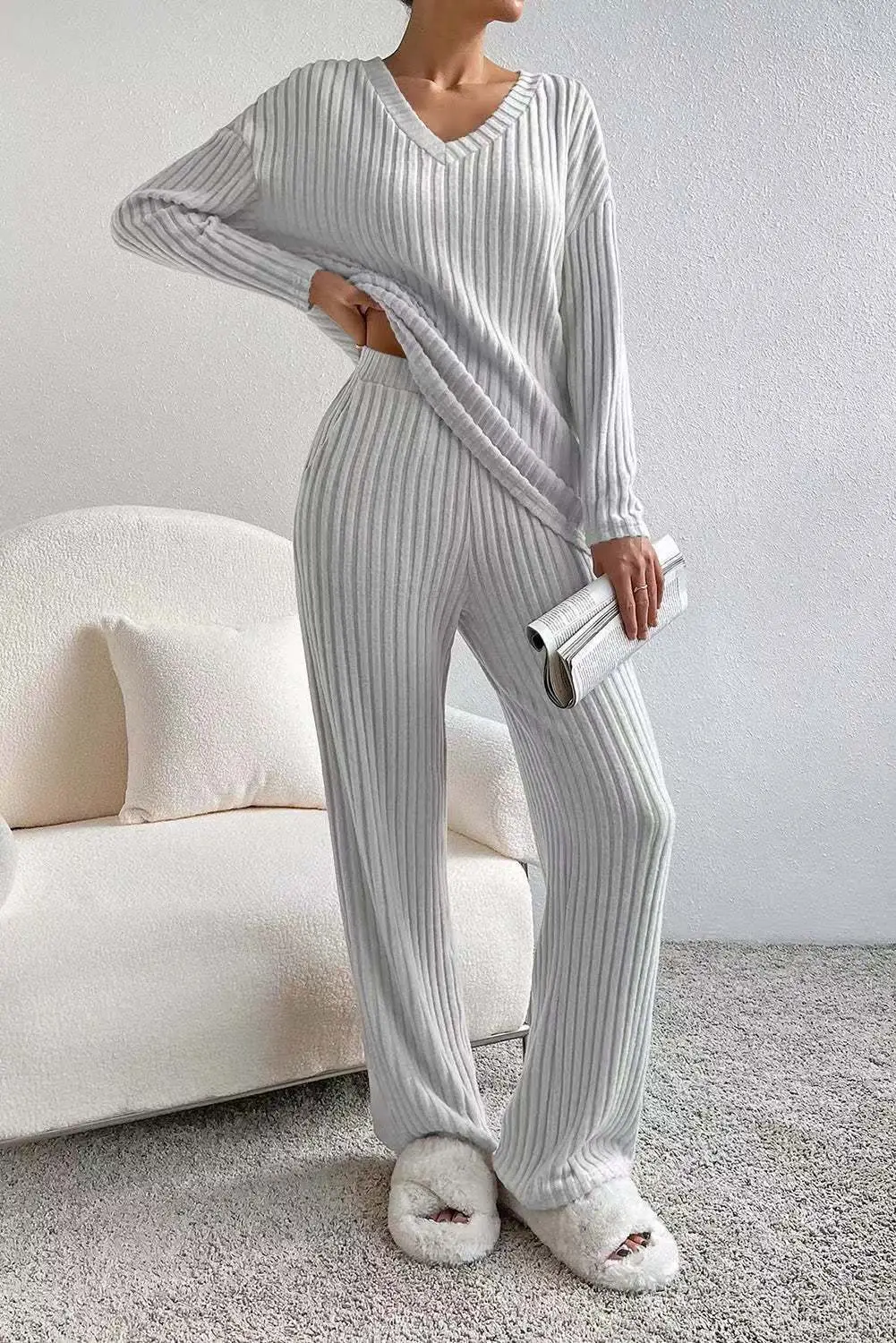 Cross-Border Two-Piece Set for Women 2025 Autum New Fashion Casual Straight Pants Elegant Loose V Neck Pit Strip Knitted Set