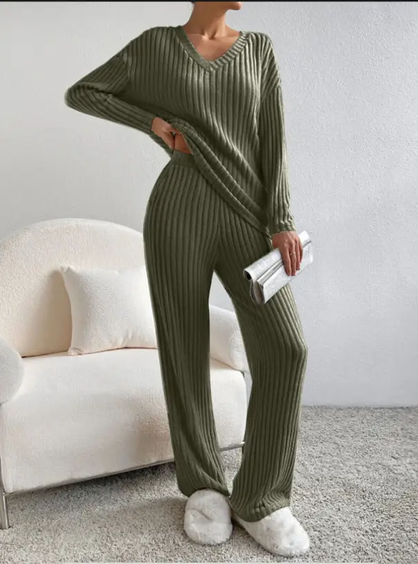 Cross-Border Two-Piece Set for Women 2025 Autum New Fashion Casual Straight Pants Elegant Loose V Neck Pit Strip Knitted Set