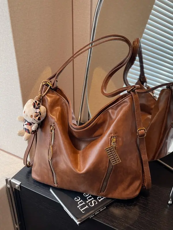 Women's Large Capacity Shoulder Tote Bag Brown New Autumn Winter - Image 8