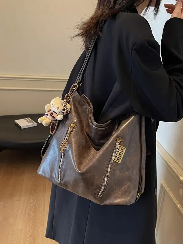 Women's Large Capacity Shoulder Tote Bag Brown New Autumn Winter - Image 9