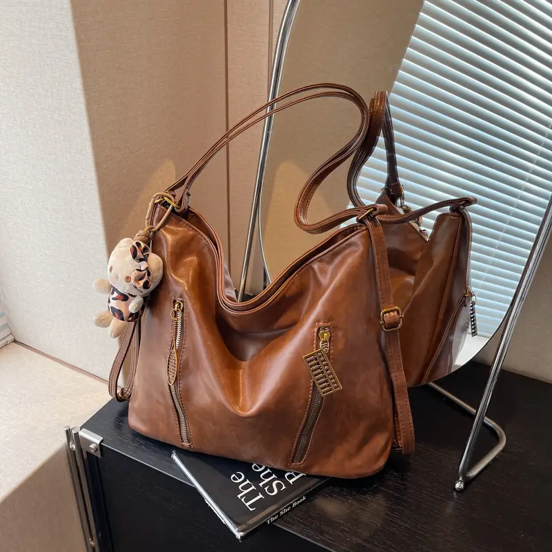 Women's Large Capacity Shoulder Tote Bag Brown New Autumn Winter - Image 2
