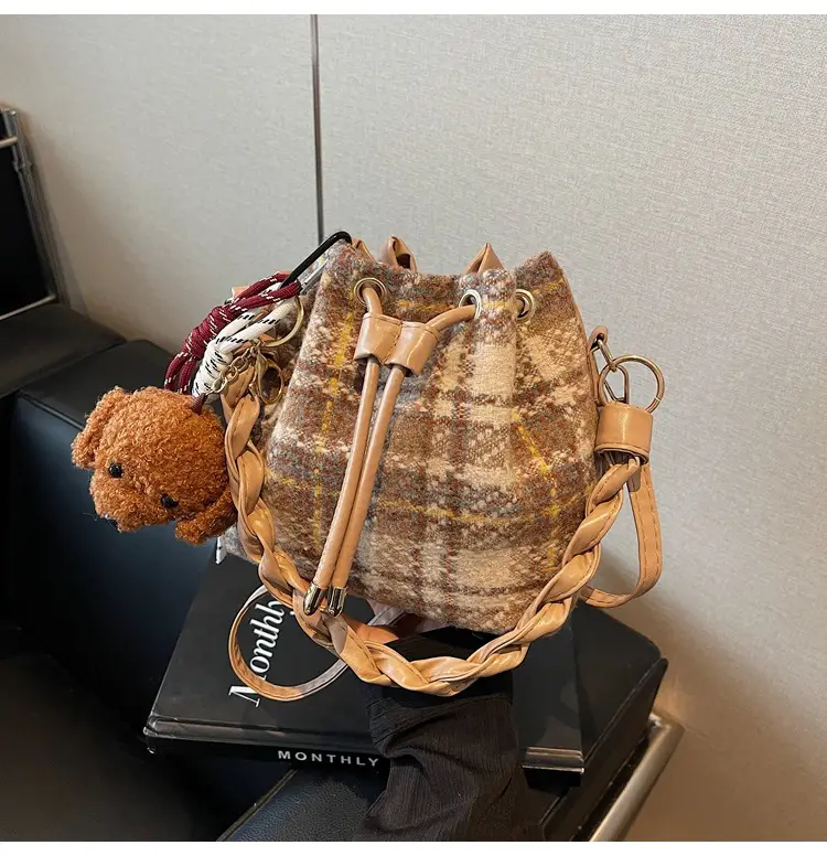 Women Plaid Drawstring Bag 2024 Autumn Crossbody - Image 2