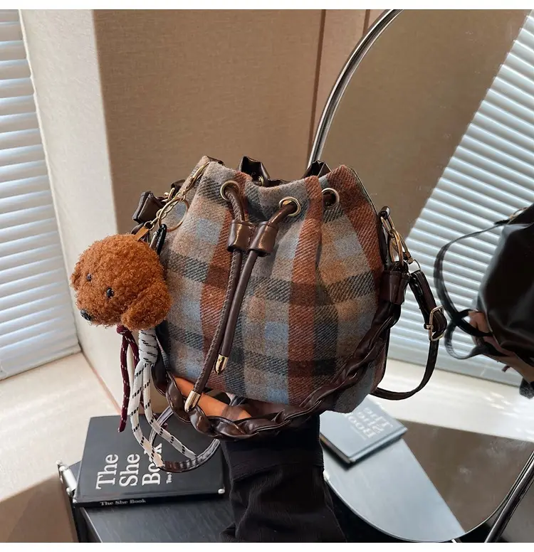 Women Plaid Drawstring Bag 2024 Autumn Crossbody - Image 3