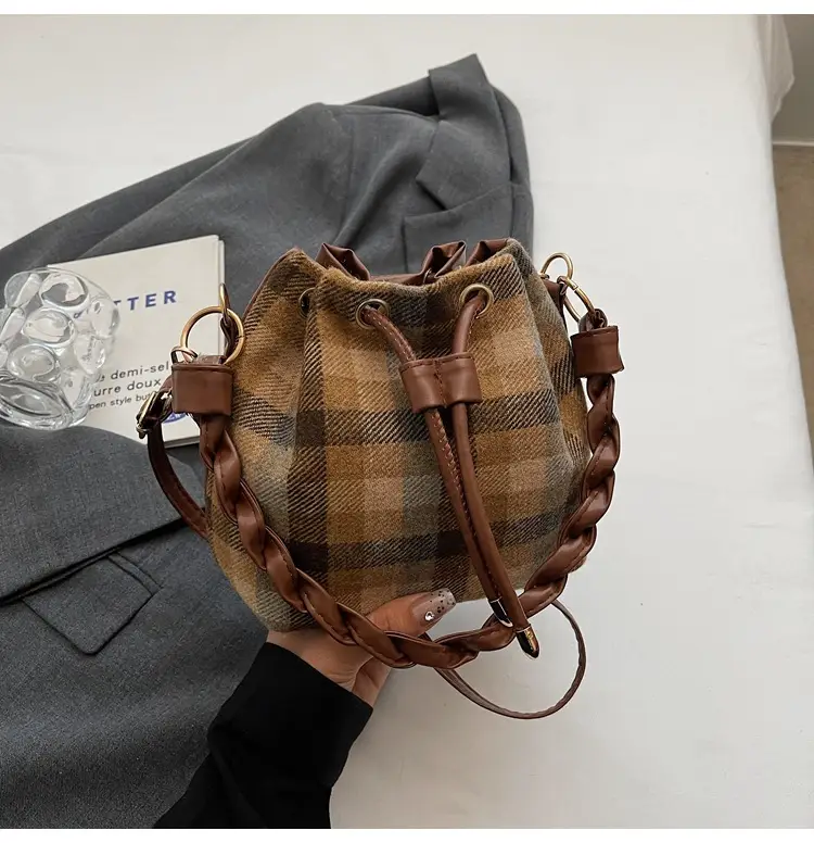 Women Plaid Drawstring Bag 2024 Autumn Crossbody - Image 4
