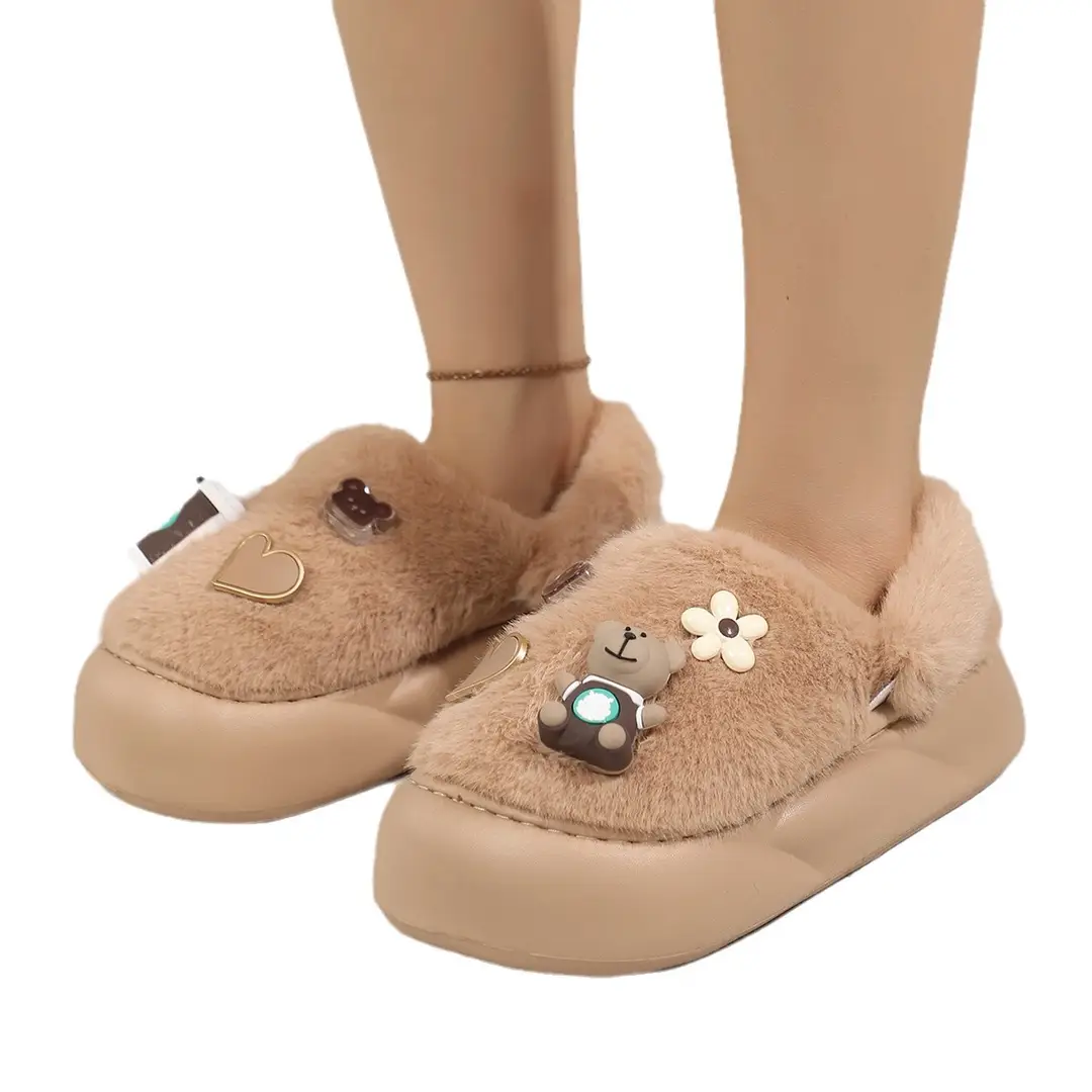 Cute Bear Cotton Slippers Women's 2024 Winter New Home Indoor Non-Slip Thick Bottom Warm Plush Moon Slippers - Image 11