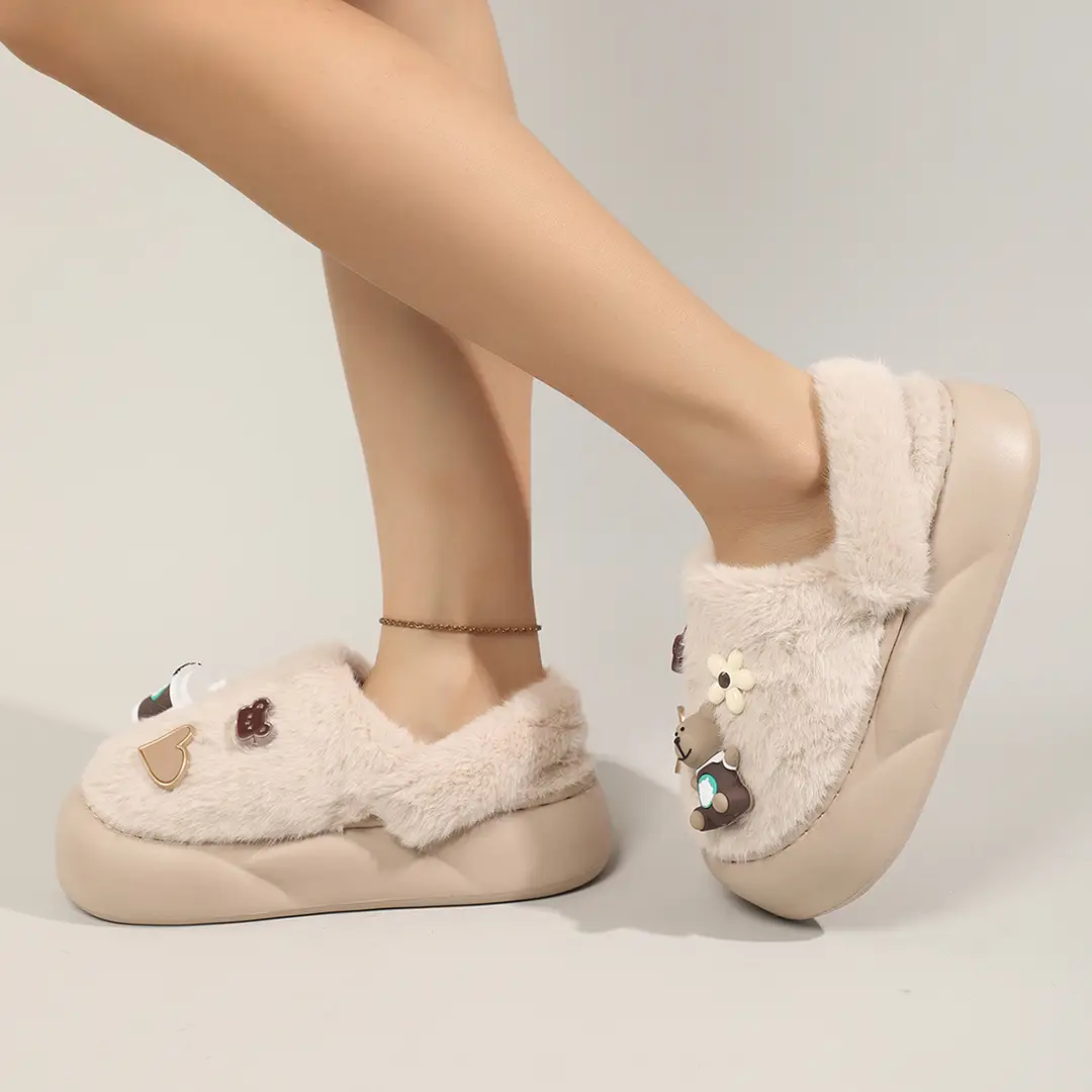 Cute Bear Cotton Slippers Women's 2024 Winter New Home Indoor Non-Slip Thick Bottom Warm Plush Moon Slippers — feature 11