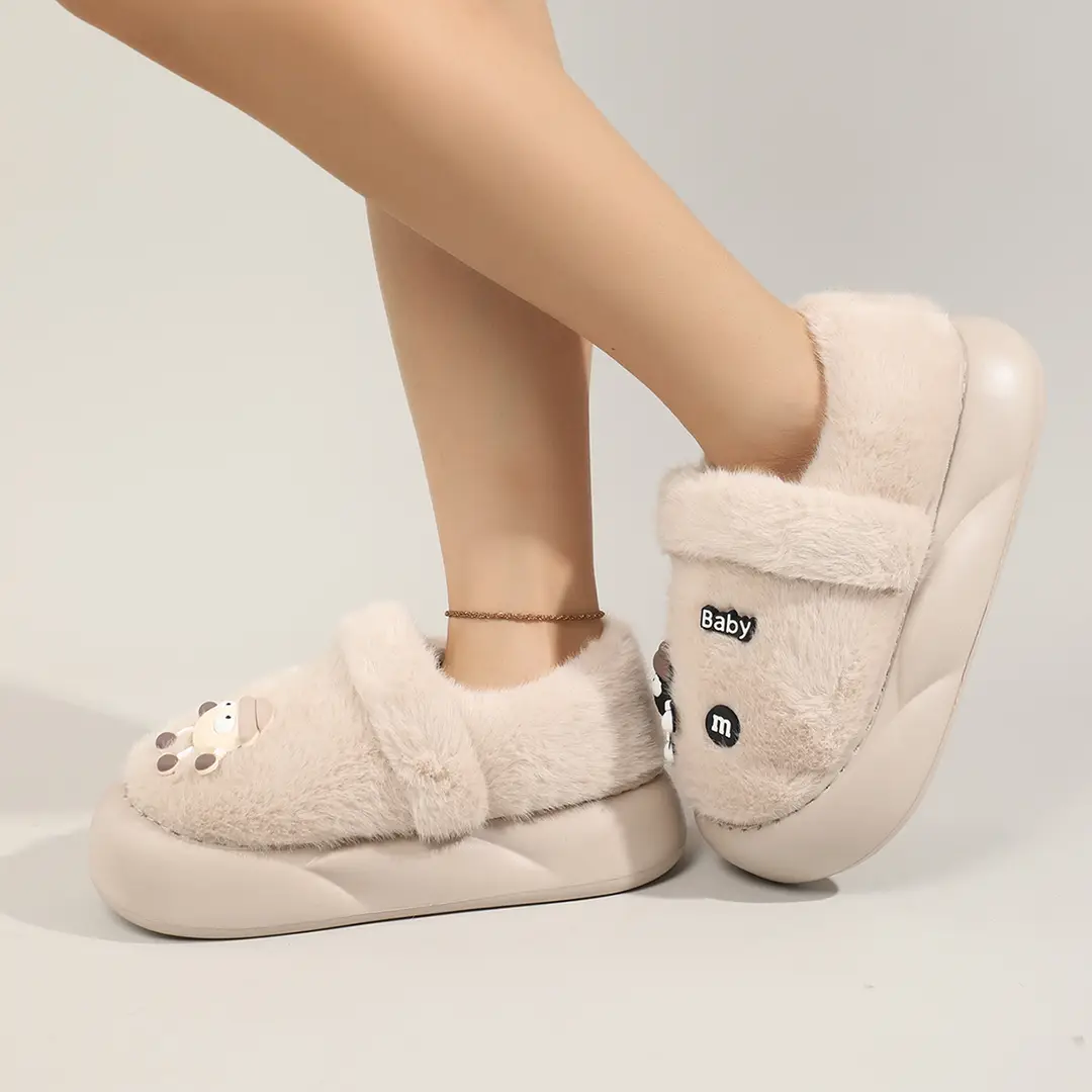 Cute Bear Cotton Slippers Women's 2024 Winter New Home Indoor Non-Slip Thick Bottom Warm Plush Moon Slippers — feature 27
