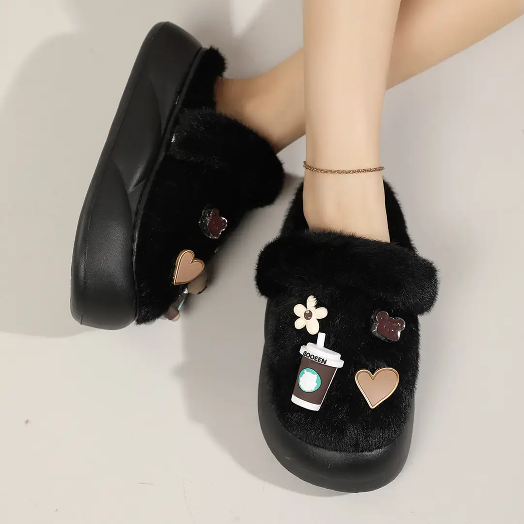Cute Bear Cotton Slippers Women's 2024 Winter New Home Indoor Non-Slip Thick Bottom Warm Plush Moon Slippers — feature 5