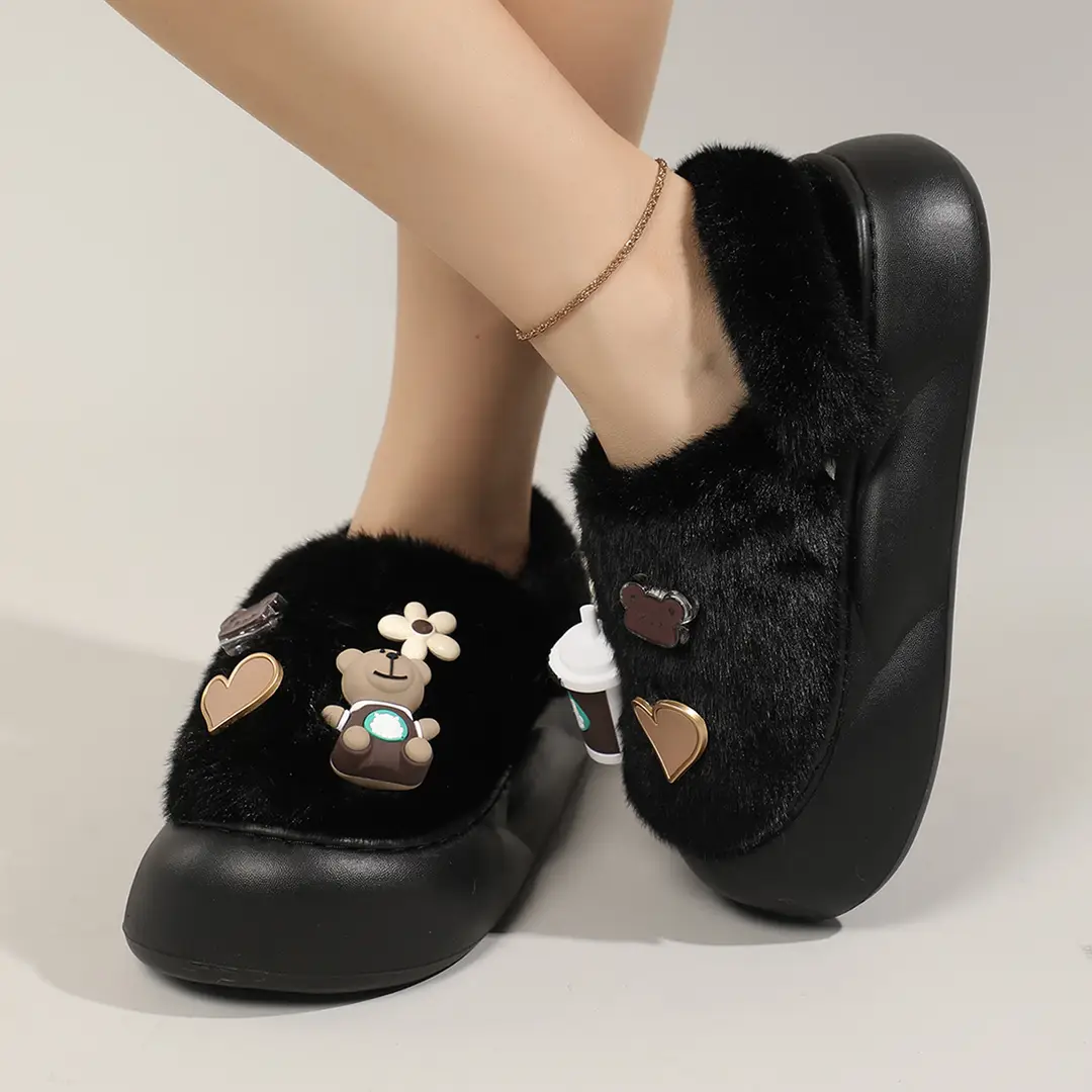 Cute Bear Cotton Slippers Women's 2024 Winter New Home Indoor Non-Slip Thick Bottom Warm Plush Moon Slippers — feature 7