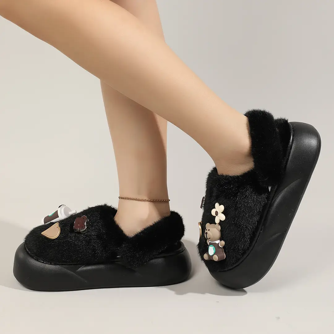 Cute Bear Cotton Slippers Women's 2024 Winter New Home Indoor Non-Slip Thick Bottom Warm Plush Moon Slippers — feature 8
