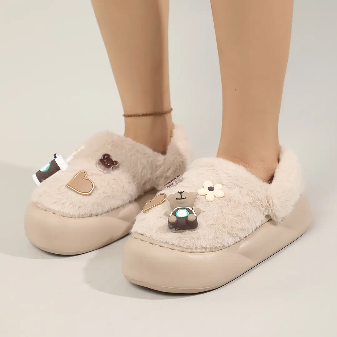 Cute Bear Cotton Slippers Women's 2024 Winter New Home Indoor Non-Slip Thick Bottom Warm Plush Moon Slippers
