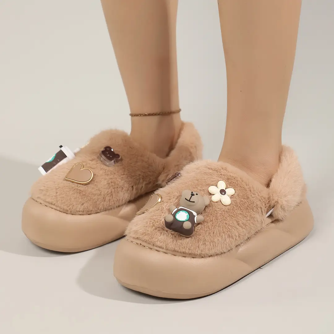 Cute Bear Cotton Slippers Women's 2024 Winter New Home Indoor Non-Slip Thick Bottom Warm Plush Moon Slippers - Image 2
