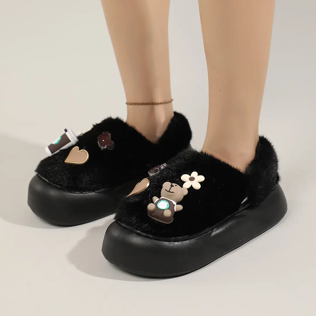 Cute Bear Cotton Slippers Women's 2024 Winter New Home Indoor Non-Slip Thick Bottom Warm Plush Moon Slippers - Image 3