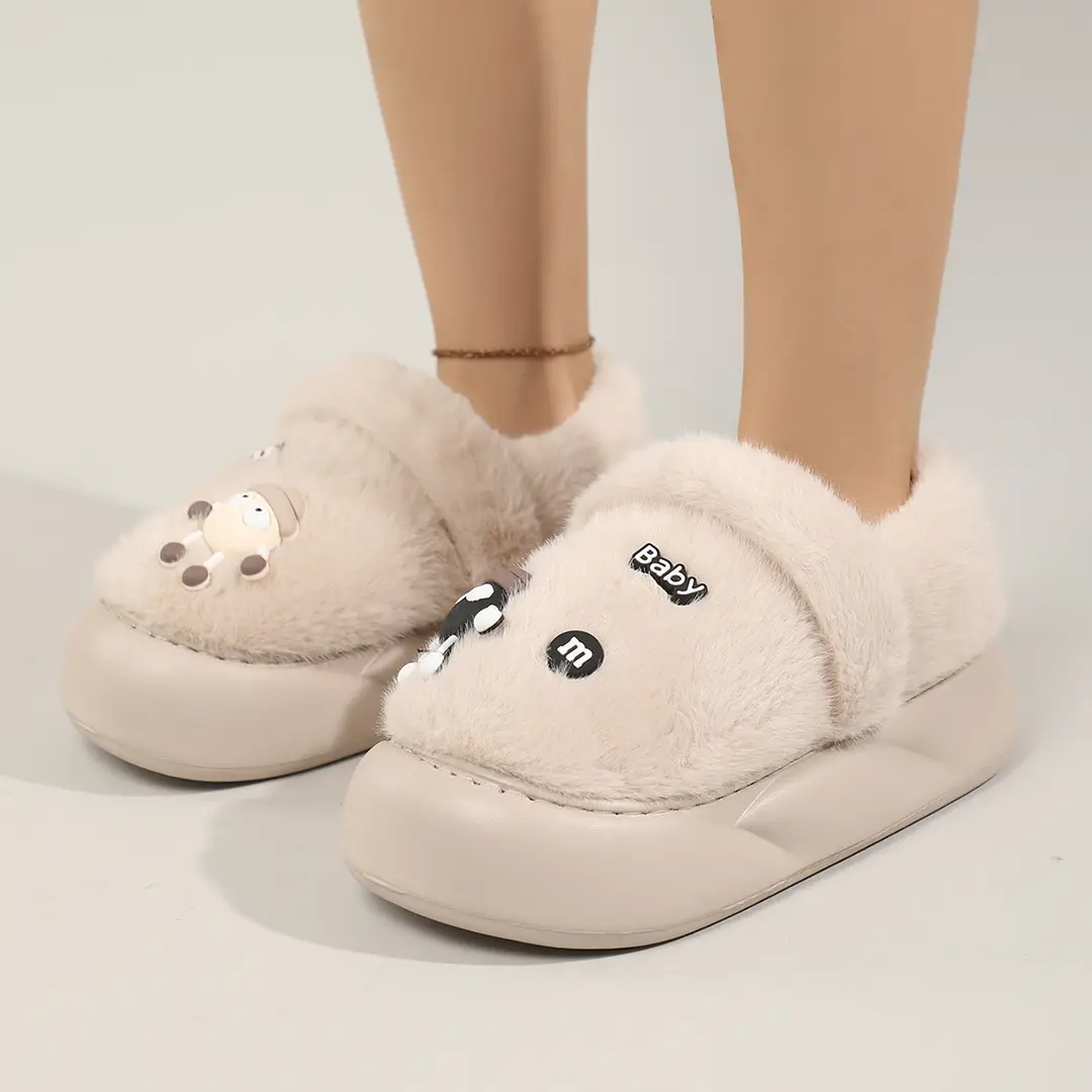 Cute Bear Cotton Slippers Women's 2024 Winter New Home Indoor Non-Slip Thick Bottom Warm Plush Moon Slippers - Image 4