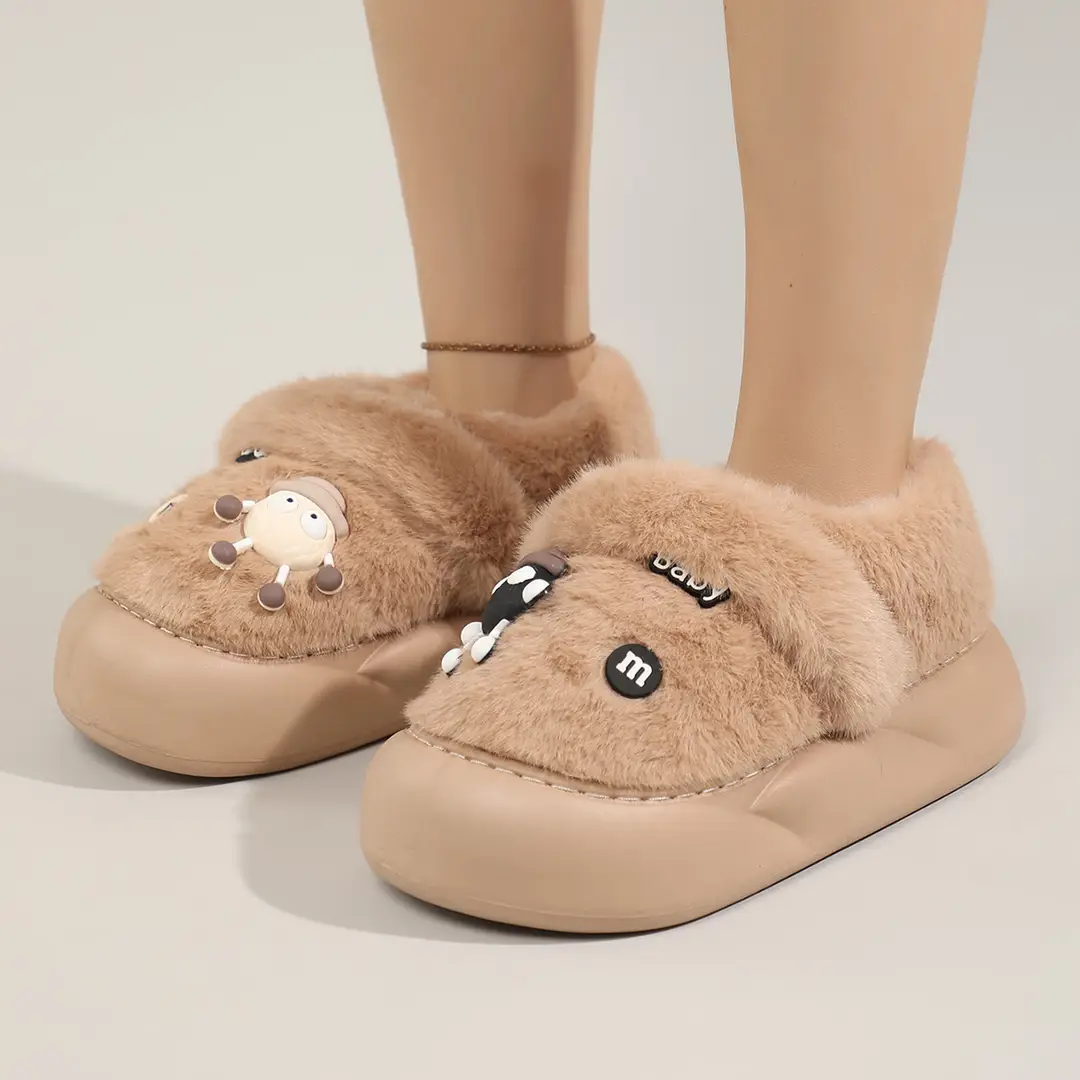 Cute Bear Cotton Slippers Women's 2024 Winter New Home Indoor Non-Slip Thick Bottom Warm Plush Moon Slippers - Image 5