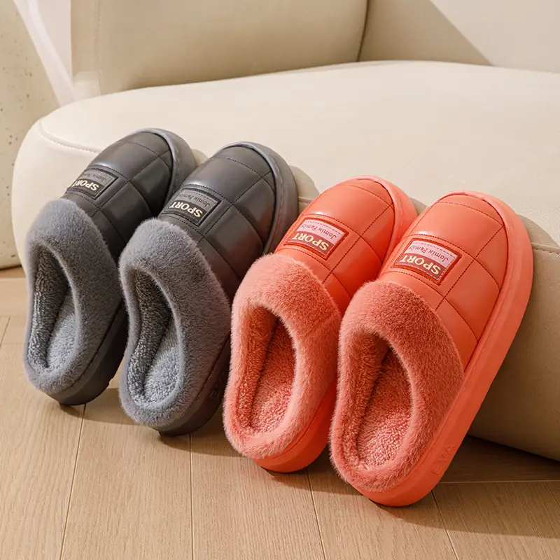 pu leather cotton slippers thickened cotton slippers men's lovers waterproof home thick bottom non-slip warm fleece-lined autumn and winter - Image 10