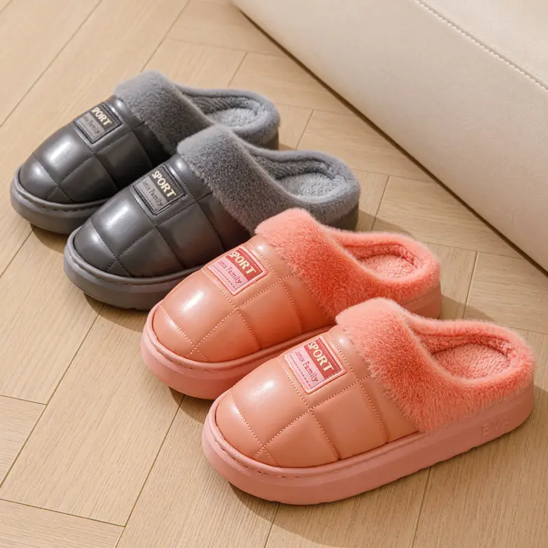 pu leather cotton slippers thickened cotton slippers men's lovers waterproof home thick bottom non-slip warm fleece-lined autumn and winter - Image 11