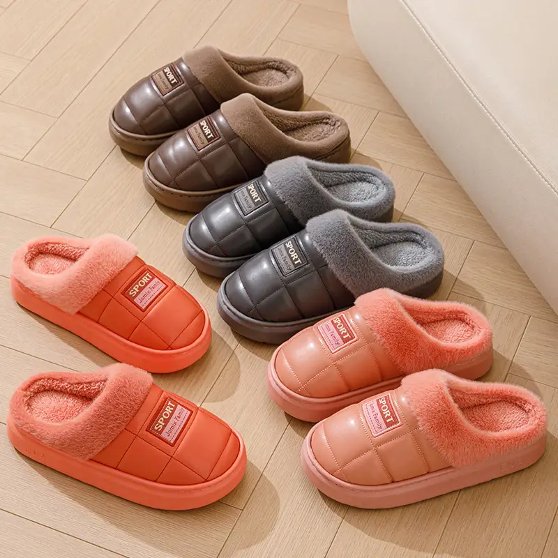 pu leather cotton slippers thickened cotton slippers men's lovers waterproof home thick bottom non-slip warm fleece-lined autumn and winter - Image 12