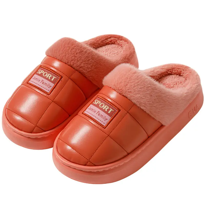 pu leather cotton slippers thickened cotton slippers men's lovers waterproof home thick bottom non-slip warm fleece-lined autumn and winter - Image 13