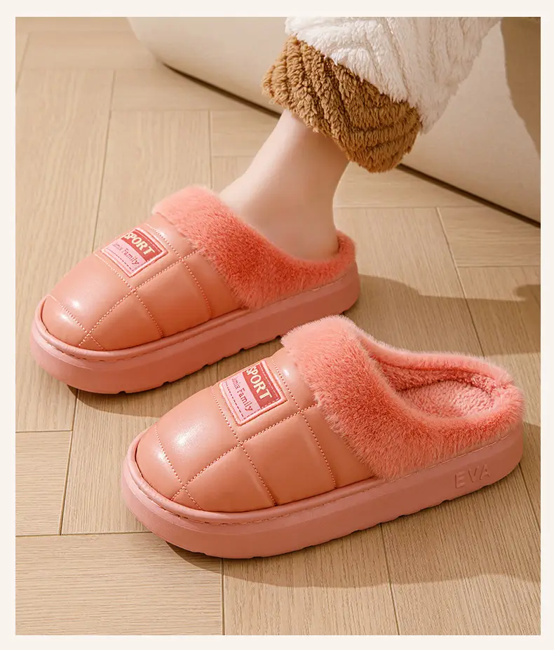 pu leather cotton slippers thickened cotton slippers men's lovers waterproof home thick bottom non-slip warm fleece-lined autumn and winter — feature 15