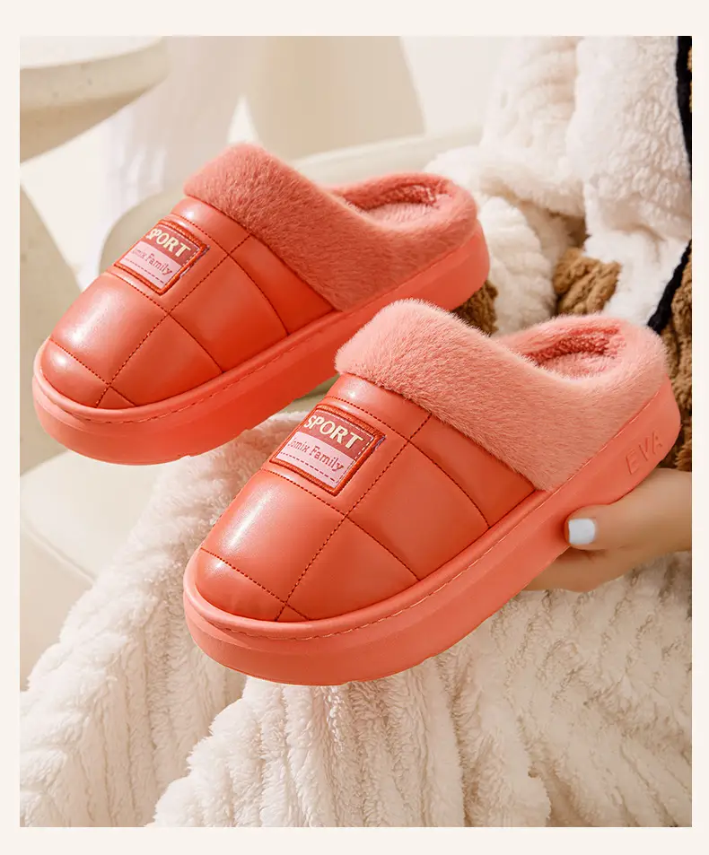 pu leather cotton slippers thickened cotton slippers men's lovers waterproof home thick bottom non-slip warm fleece-lined autumn and winter — feature 16