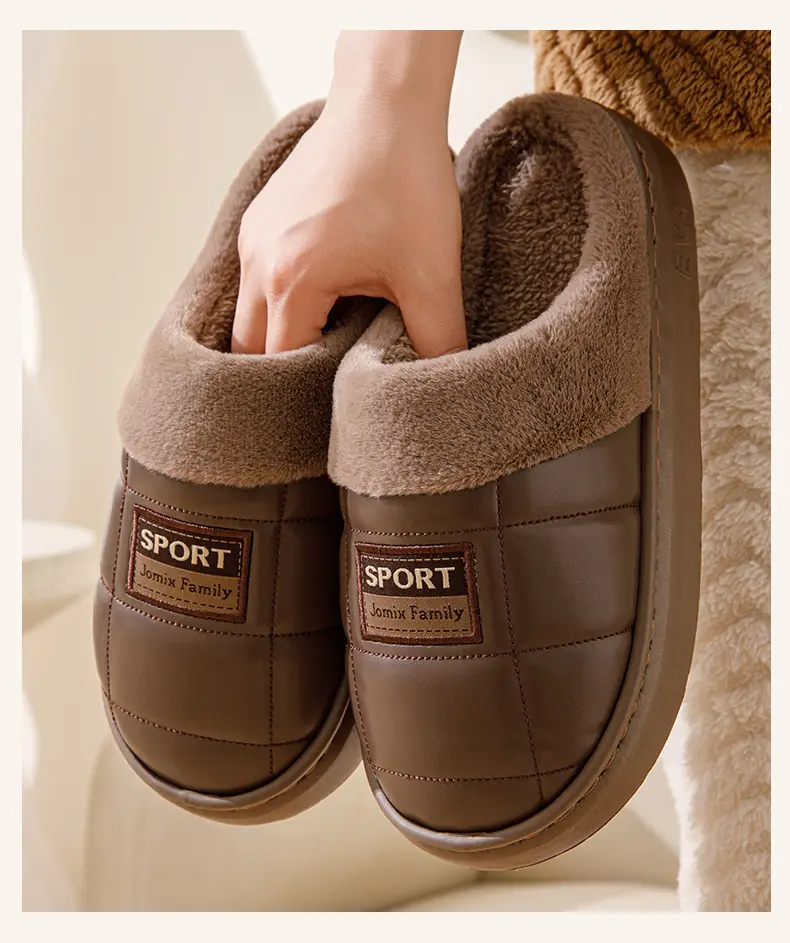 pu leather cotton slippers thickened cotton slippers men's lovers waterproof home thick bottom non-slip warm fleece-lined autumn and winter — feature 17