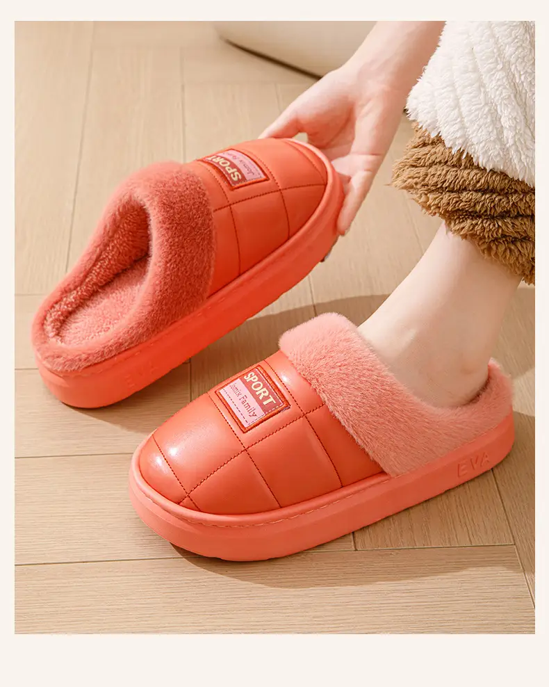 pu leather cotton slippers thickened cotton slippers men's lovers waterproof home thick bottom non-slip warm fleece-lined autumn and winter — feature 18