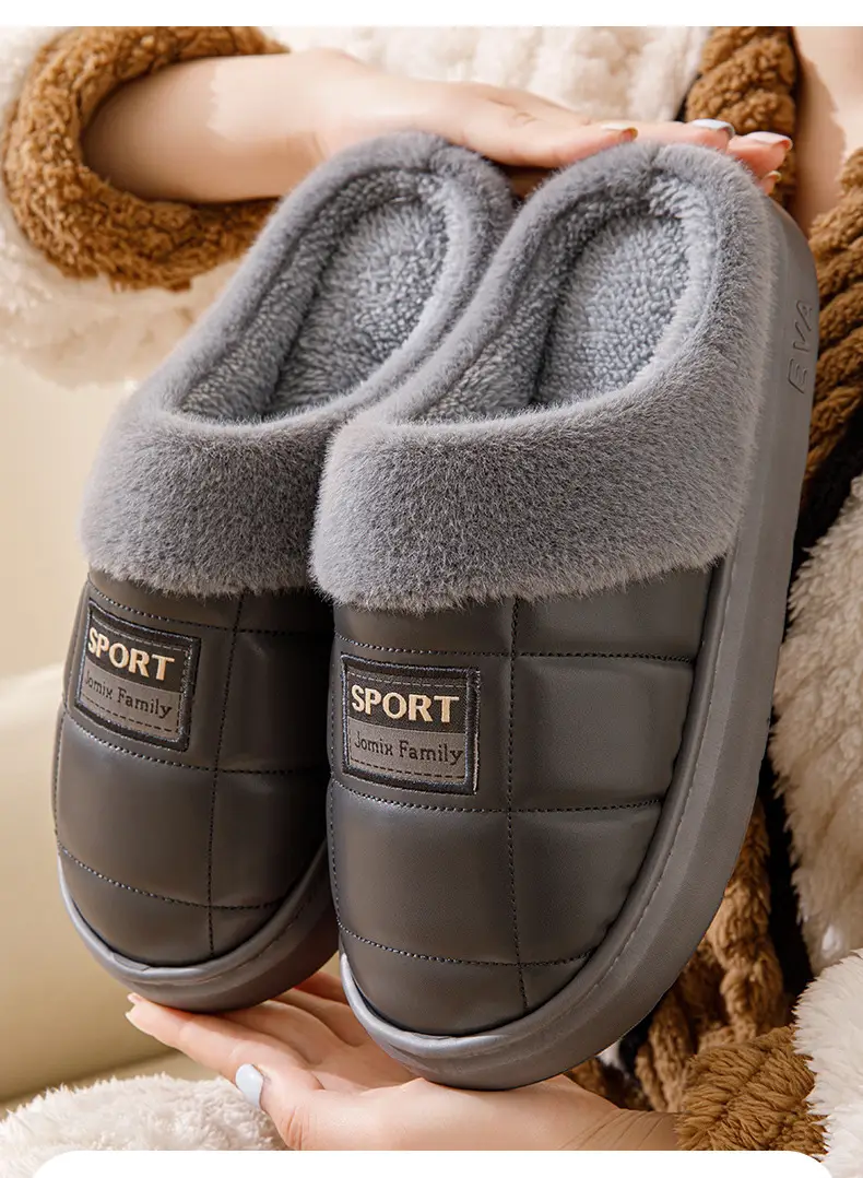 pu leather cotton slippers thickened cotton slippers men's lovers waterproof home thick bottom non-slip warm fleece-lined autumn and winter — feature 3